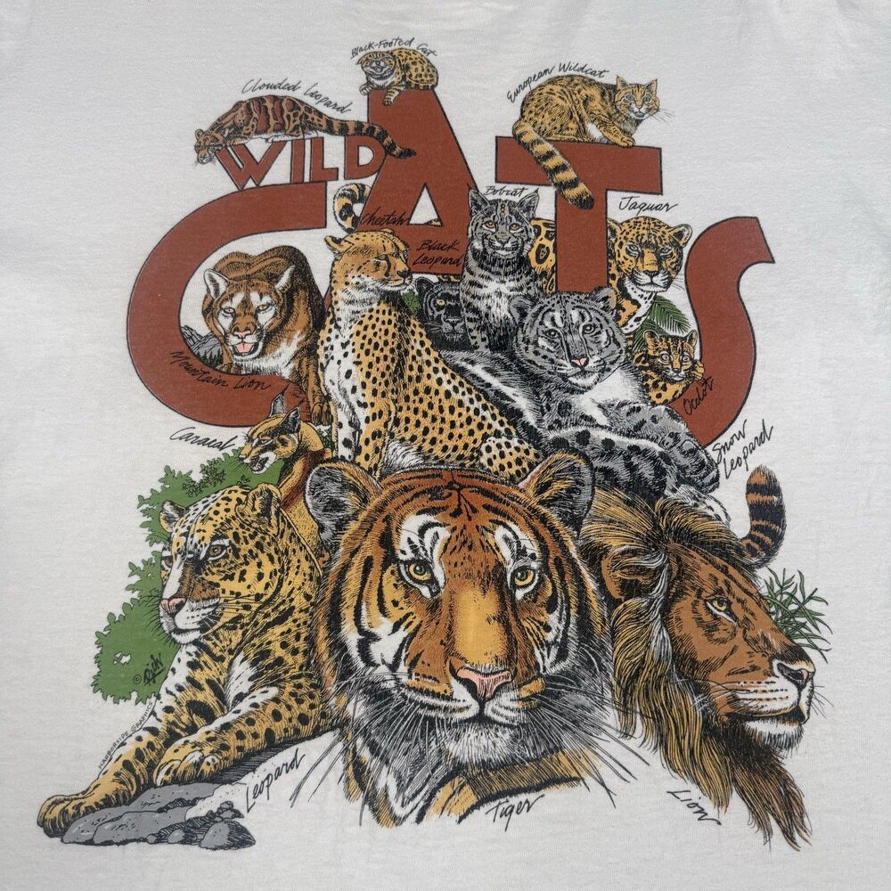 VTG 90s Wild Cats T Shirt Mens L White Wildlife Animal Graphic Single Stitch USA